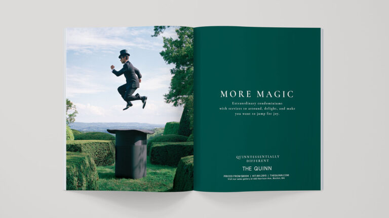 the quinn overview ad campaign with a man jumping over top hat spread-gray