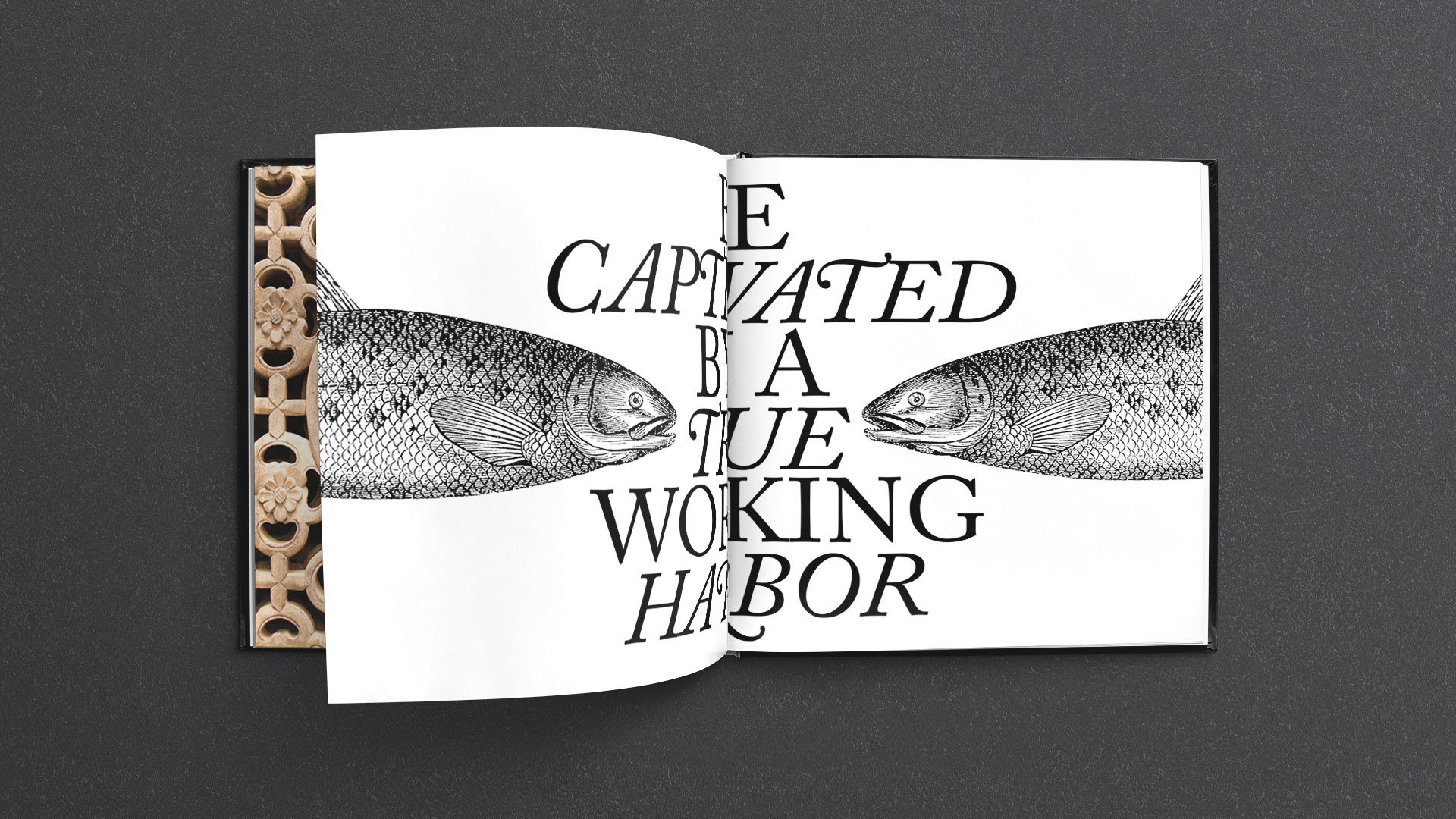 twenty two liberty brochure spread with 2 fish engravings with type in the center
