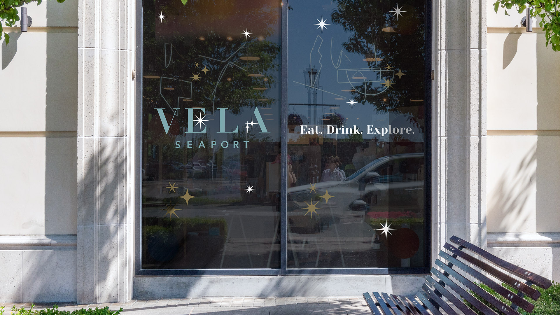 vela seaport windows with white stars