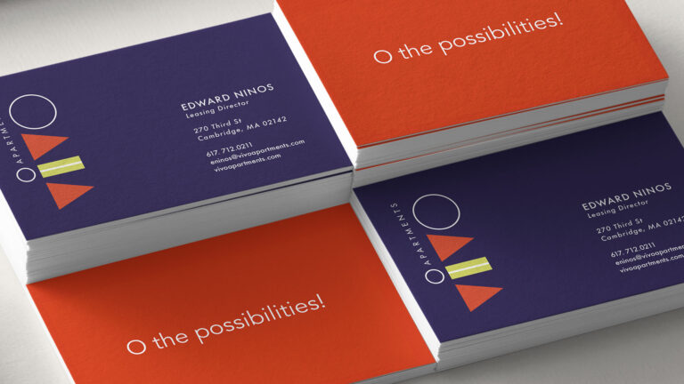 vivo apartments business cards with red and blue and yellow stacked