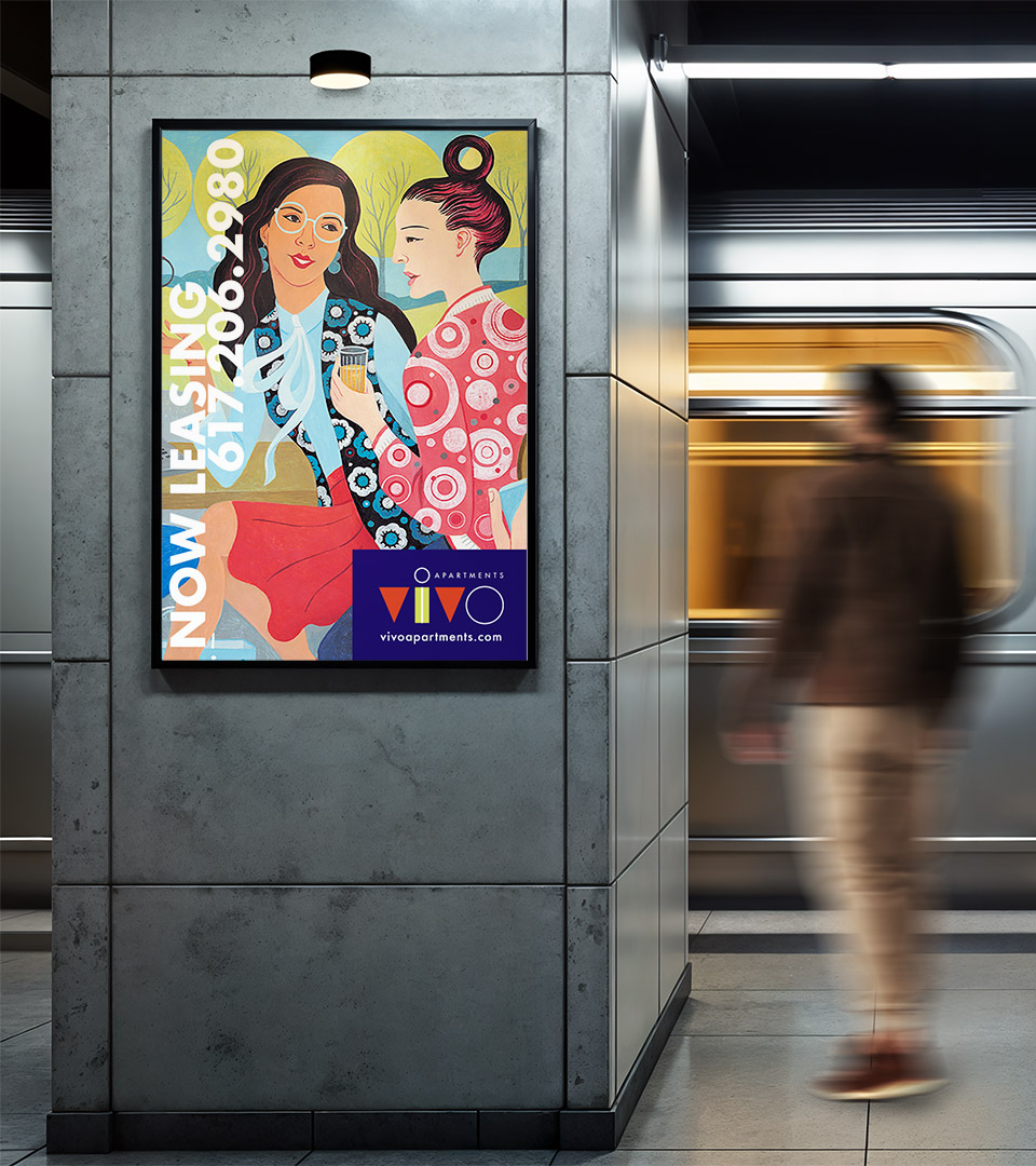 Adams Design Boston, a graphic design and branding studio created this vivo apartment subway sign with man closer